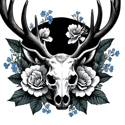 Moose antlers and skull surrounded by Carnations and Forget Me Nots tattoo design idea