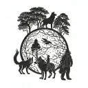 A tattoo design featuring a forest with poplar, alder, and elm trees, a man holding hands with a little girl and a slightly larger little boy, guarded by a wolf, with a full moon and an eagle in the sky. The design should be in silhouette or shadow format. tattoo design idea