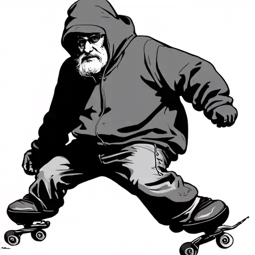 an old man in the style of calvin and hobbes with a hoody and loose jeans skating tattoo design idea