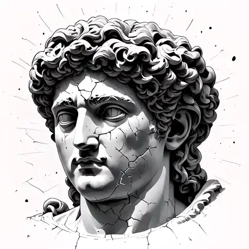 Roman or Greek sculpture with cracks and decay. Latin script  tattoo design idea