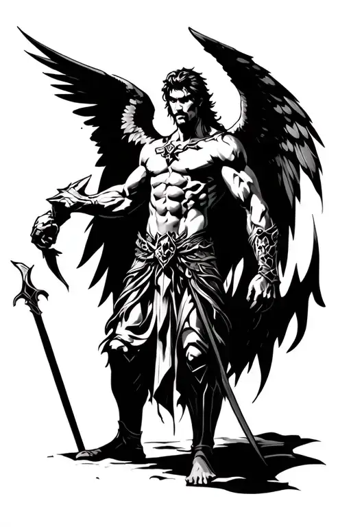 A black tattoo design of a fierce male warrior angel. The angel has a slightly smaller, muscular upper body and long, sh tattoo design idea