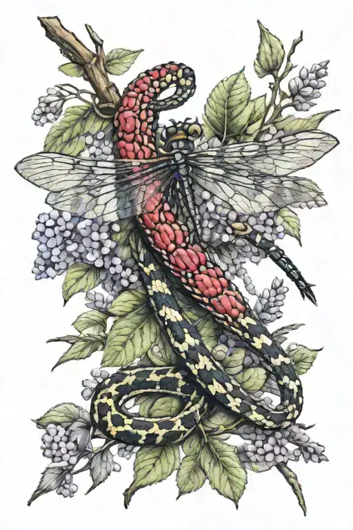 raspberry branch with garter snake, lilac branch, dragonfly perched  tattoo design idea