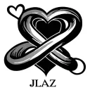 infinity loop with heart on top left of the loop and initials JLAZ on the bottom left tattoo design idea