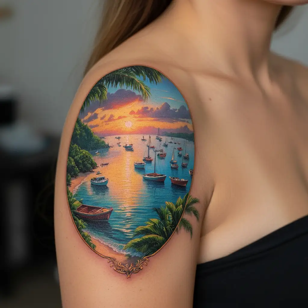 Sunset, Coco Beach & its Bay, Costa Rica, dozens of various size fishing + leisure boats anchored in distance in the Bay tattoo design idea