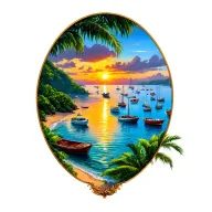 Sunset, Coco Beach & its Bay, Costa Rica, dozens of various size fishing + leisure boats anchored in distance in the Bay tattoo design idea