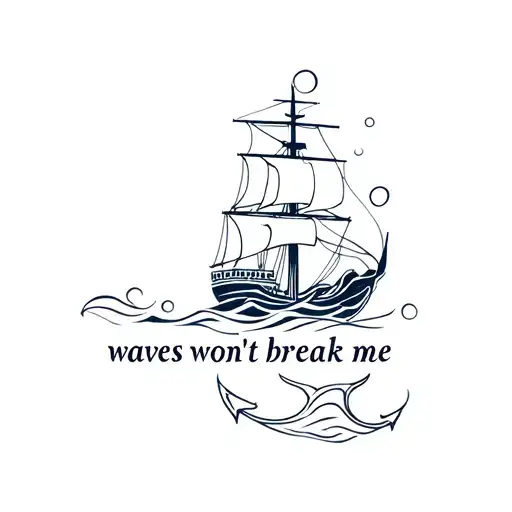 waves, ship, anchor, female skeleton, words "waves won't break me" tattoo design idea