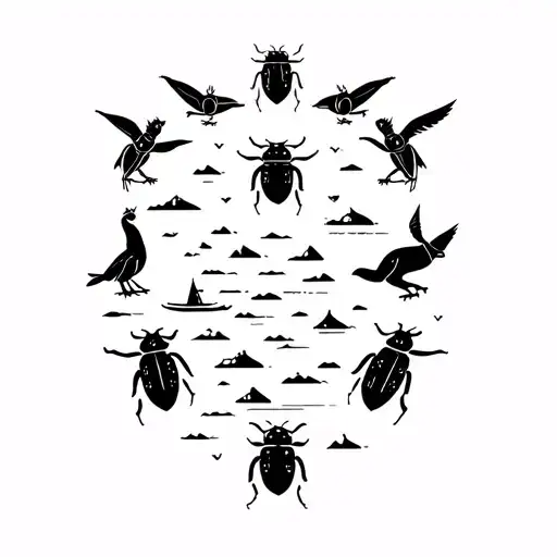 Lady beetles in the center on a path surrounded by penguin, parrot divers, owl fox and ship. tattoo design idea
