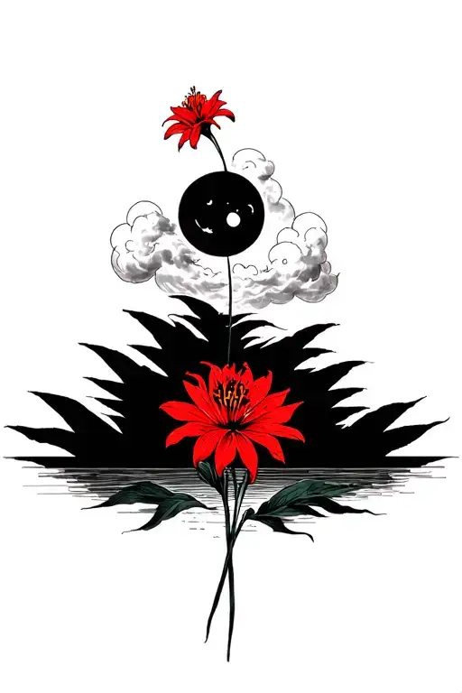 red spider lily inside a full moon with cloud forming tattoo design idea