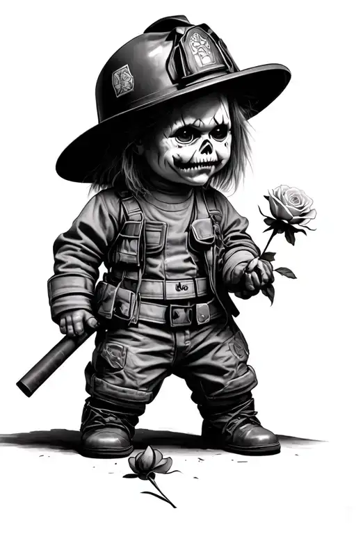 chucky with firefighter gear on with a dead rose in hand tattoo design idea