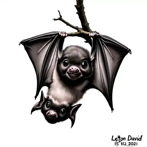 a realistic but cute looking fruit bat hanging upside down on a branch, with "Lleyton David" and "15-12-2021" tattoo design idea