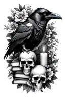 raven with books a skull and a candle with flowers tattoo design idea