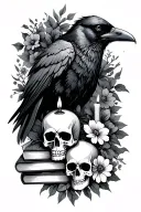raven with books a skull and a candle with flowers tattoo design idea