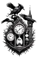 Tree and clock and raven and tower and hourglass and fiery man tattoo design idea