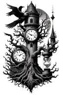 Tree and clock and raven and tower and hourglass and fiery man tattoo design idea