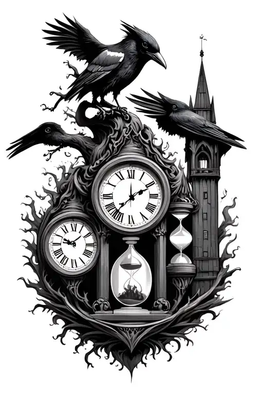 Tree and clock and raven and tower and hourglass and fiery man tattoo design idea