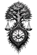 gothic tree of life, harley davidson engine, midevil libra scale & time tattoo design idea