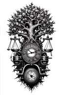 gothic tree of life, harley davidson engine, midevil libra scale & time tattoo design idea
