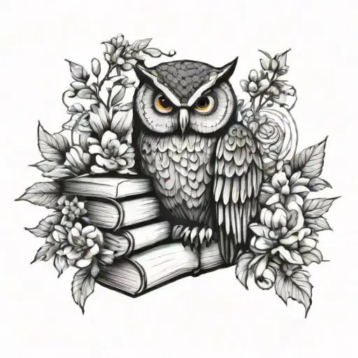 owl on books surrounded by florals tattoo design idea