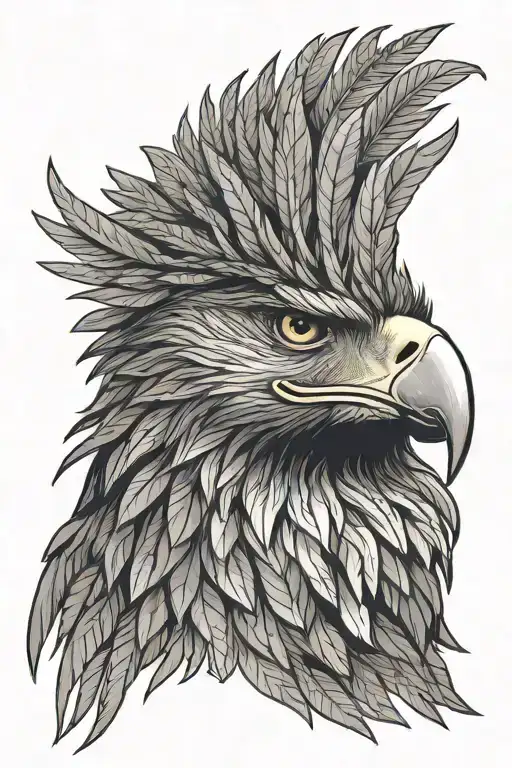 Layered eagle head portrait. Inner feathers detailed, outer feathers shaped like cannabis leaves, radiating outwards. tattoo design idea