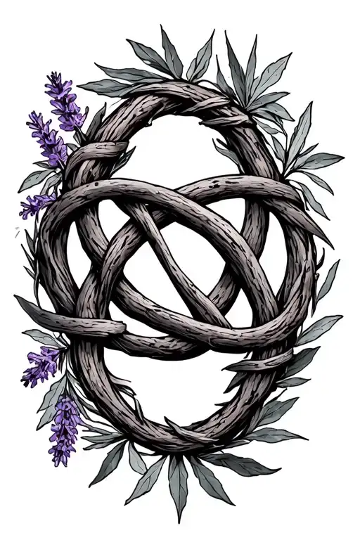 witchs çross, lavender and sage intertwined around the circle in the middle, the witchs knot made of branches tattoo design idea