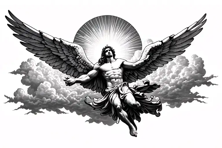 generate a arm tattoo of icarus from greek mythology falling through the clouds with the sun in the backround with the q tattoo design idea