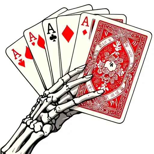  three western playing cards held by a skeleton hand surrounded by delicate flowers and line patterns.  tattoo design idea