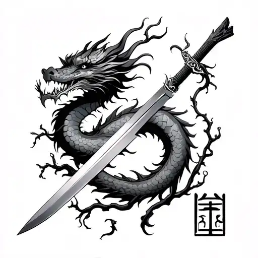 a Chinese dragon wraped arond a sword and vines with the gemini simbol tattoo design idea