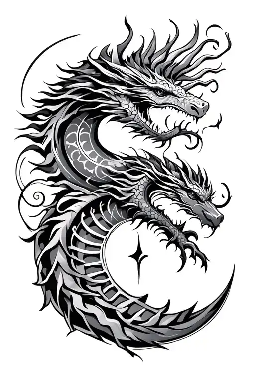 tribal design including army elements, tree of life, dna strand, spiral goddess, tripple moon, dragon tattoo design idea