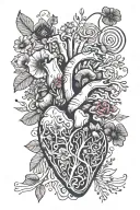 abstract design human heart, poppies, anemones, mushrooms, music, love and the letters J and C tattoo design idea