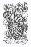 abstract design human heart, poppies, anemones, mushrooms, music, love and the letters J and C tattoo design idea