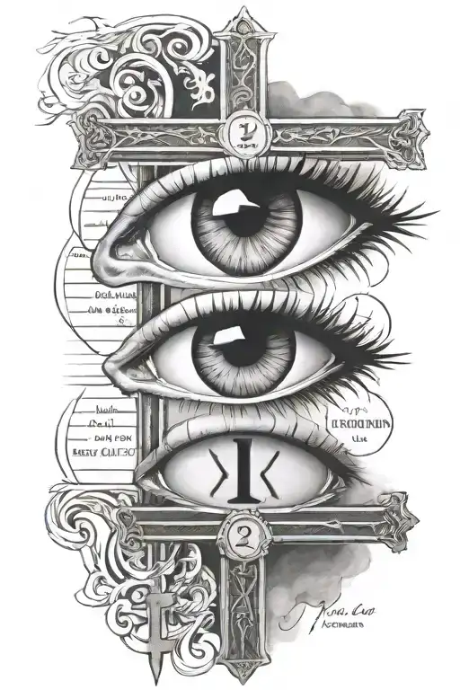 3 Roman numeral dates and Bible verse Matthew 6:23 around an eye with Jesus on the cross inside of the eye tattoo design idea