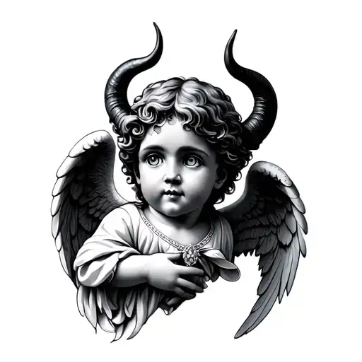 Angel cherub with devil horns tattoo design idea