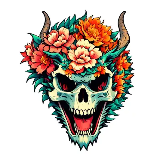 Japanese dragon skull flowers intertwined tattoo design idea
