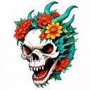 Japanese dragon skull flowers intertwined tattoo design idea