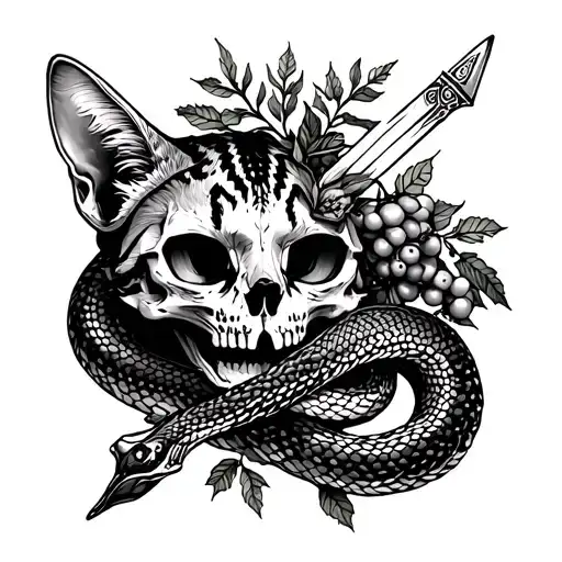 snakes, berries, foliage, sword, bones, cat skull  tattoo design idea