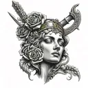 woman's head and black rose in the Greek universe sword of Damocles tattoo design idea