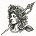 woman's head and black rose in the Greek universe sword of Damocles tattoo design idea