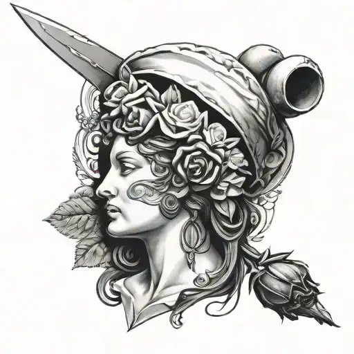 woman's head and black rose in the Greek universe sword of Damocles tattoo design idea