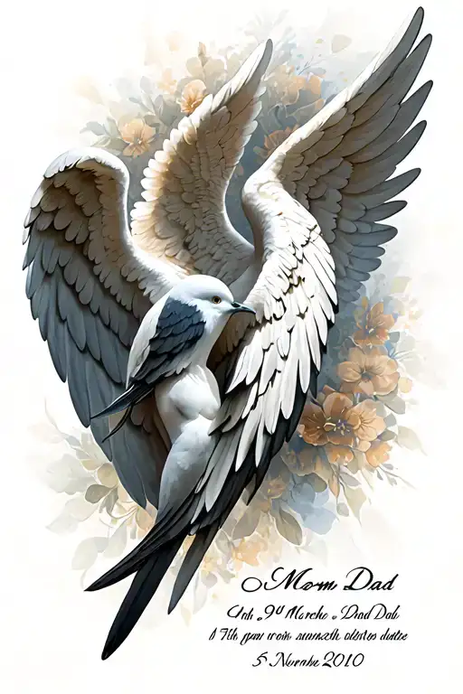 I want it to have their death date Mom - 19th March 2025 and Dad - 5th November 2010 A pair of angel wings and a dove, a tattoo design idea