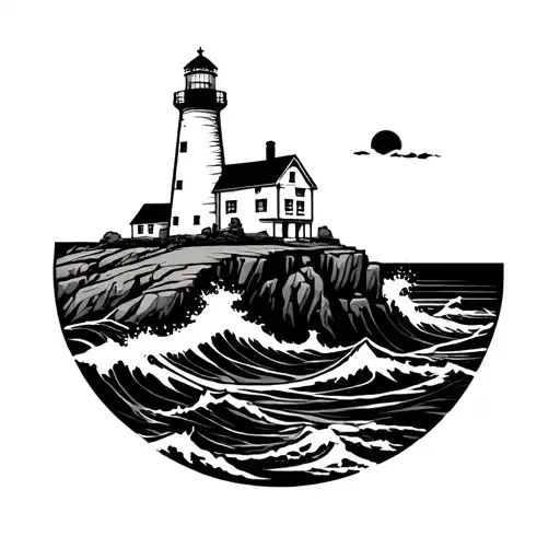 yaquina head Lighthouse on rocky cliff with crashing waves, blackwork tattoo style, clean bold flash design  tattoo design idea