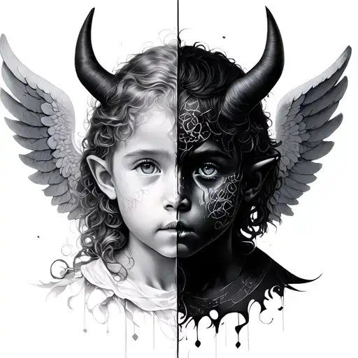 half face child angel half demon and zodiac sign of the twins tattoo design idea