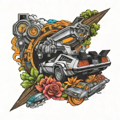 DeLorean time machine surrounded tattoo design idea