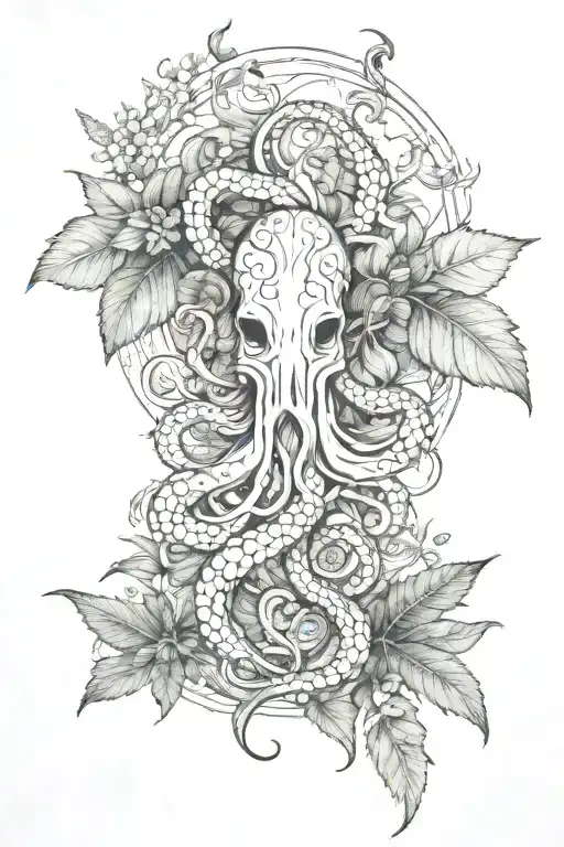 full alrm tattoo with exotic flowers intertwined with fern and ivy vines and with octopus and dragonfly tattoo design idea