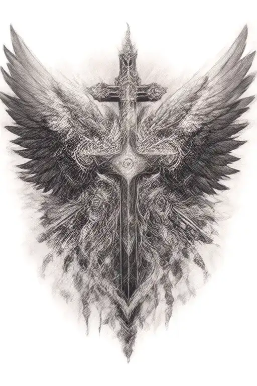 los angels hints, catholic cross with wings, and filipino tribals surrounding it tattoo design idea
