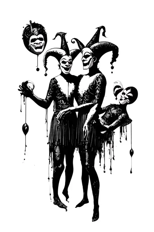 a shadow jesters who juggles with masks of different emotions tattoo design idea