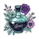 florals alchemy witch love potion bottle silhouette drawn by ink and pen illustration; retro; magic  tattoo design idea