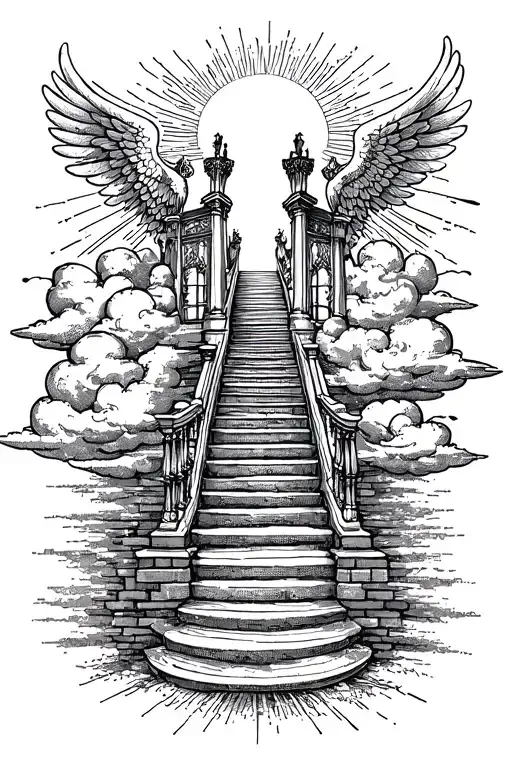 Stairway To Heaven Walking Up Stairs Angels Sun Rays Clouds Heaven Gate At The Top Of The Stairs Tattoo tattoo design idea