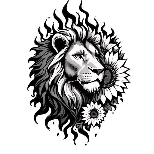 lion, metal music, sunflowers, fire, incorporated into a black and white woodcut styled shoulder tattoo tattoo design idea