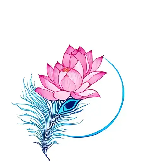 A pink lotus and blue cresent moon also add  peacock feather tattoo design idea