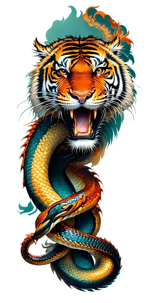 dragon wrapping itself around arm sleeve snake wrapping the other way overlooking a tiger face tattoo design idea